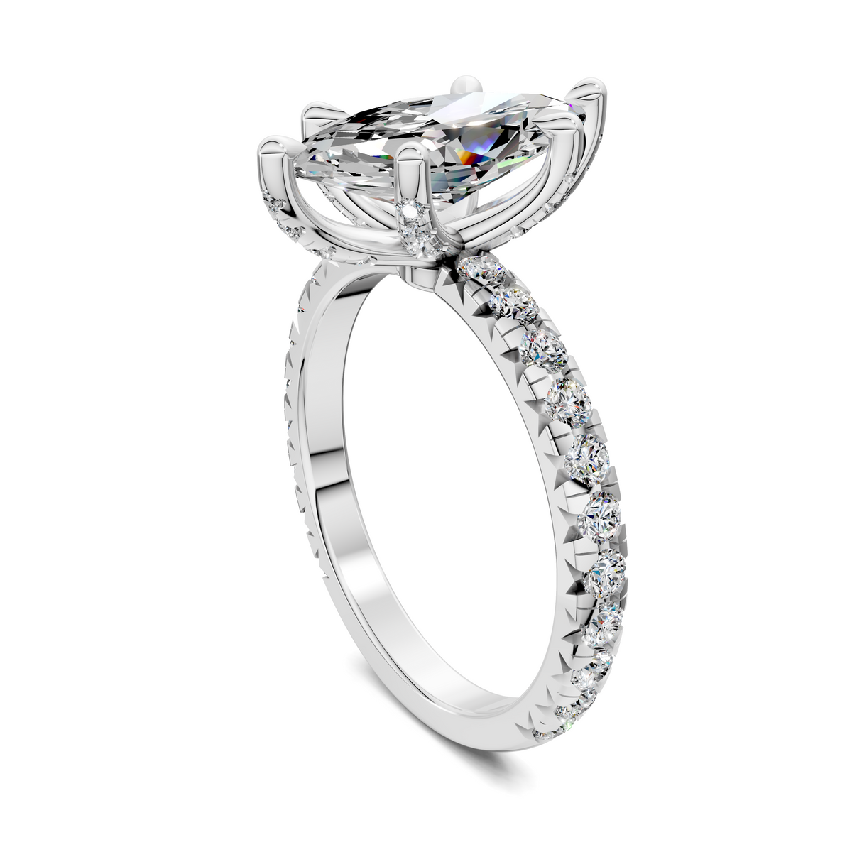 Claw accent ring with round center stone and pavé-set band