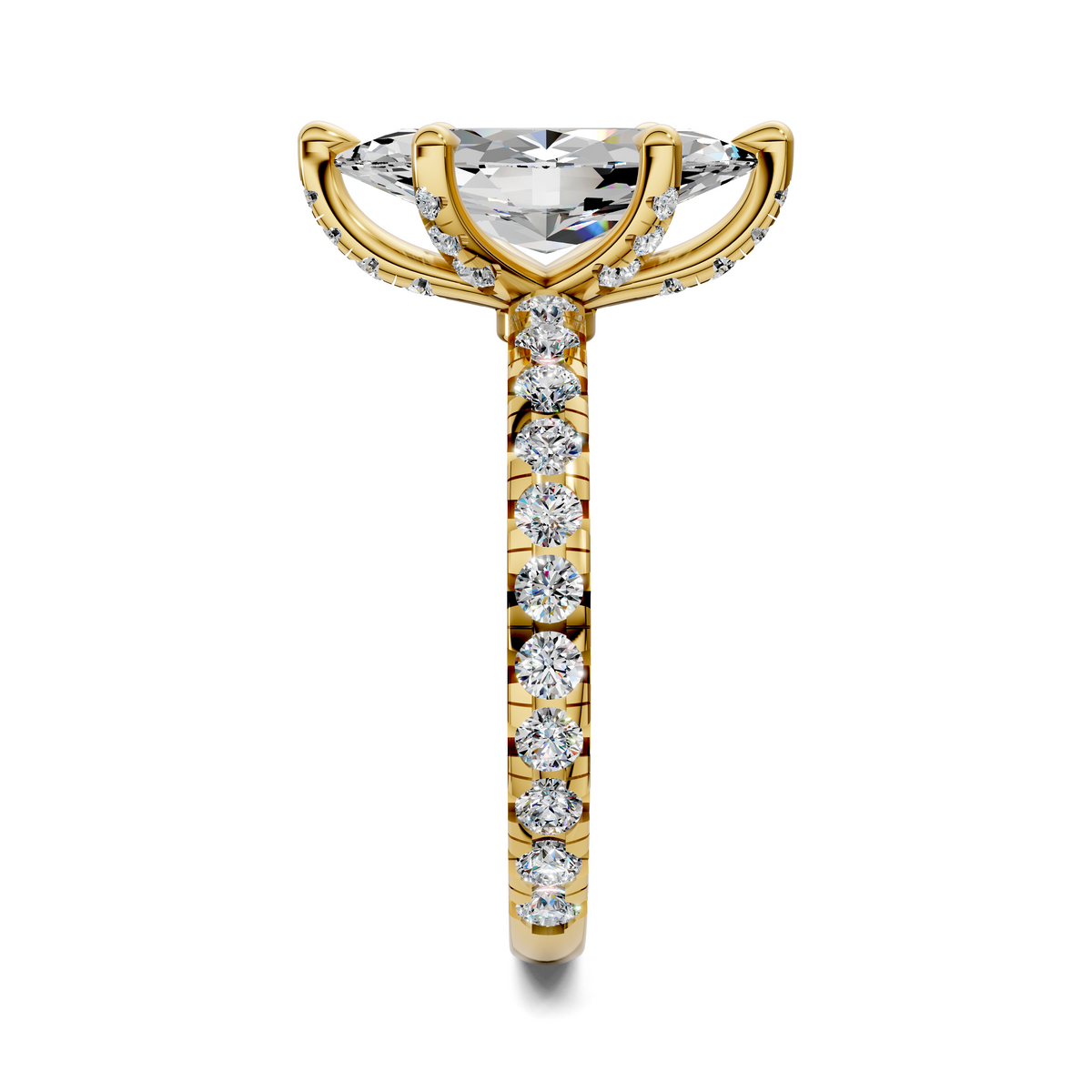 Yellow gold claw accent ring with marquise-cut center stone and pavé diamond band