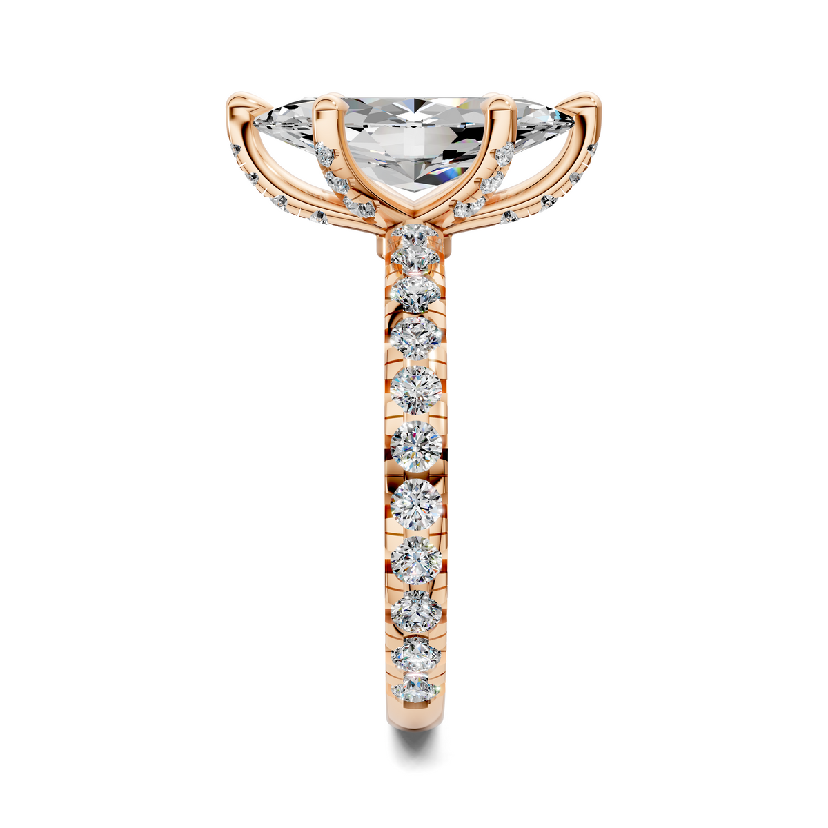 Yellow gold claw accent ring with oval center stone and pavé diamond band