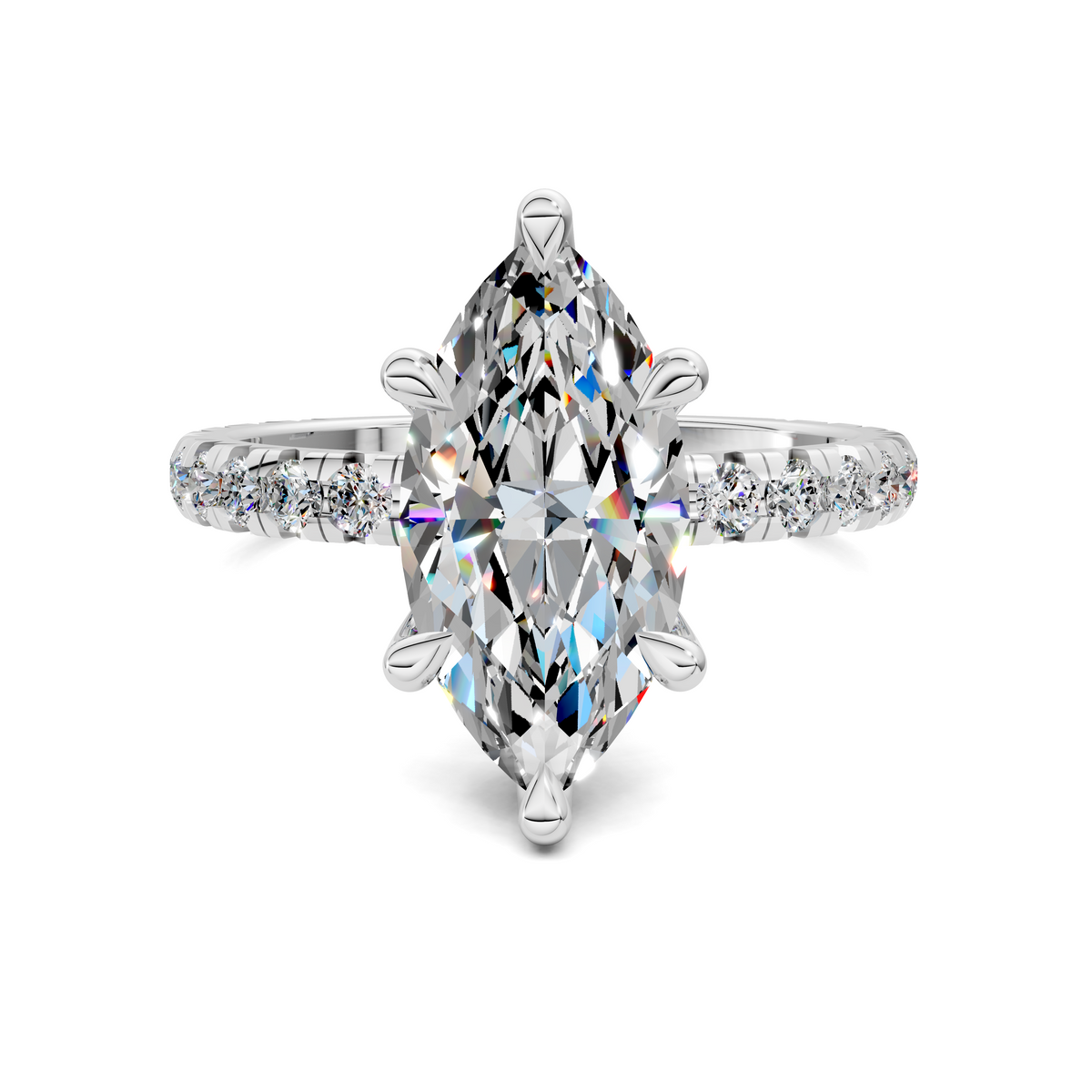 Marquise-cut gemstone ring with claw prongs and pavé band
