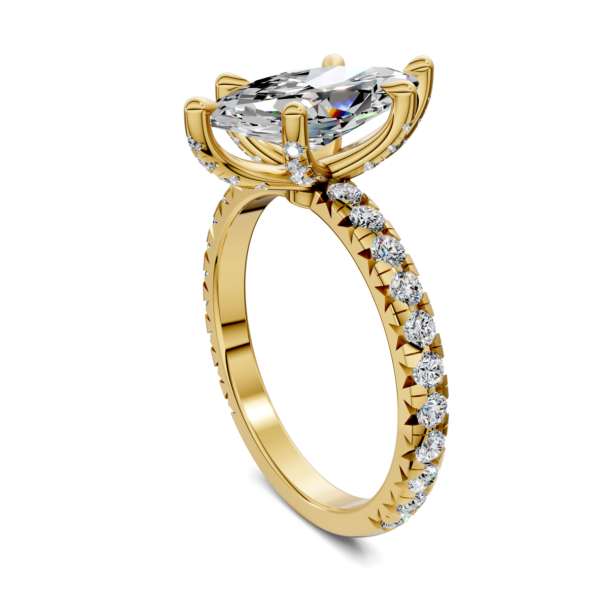 Yellow gold claw accent ring with marquise-cut center stone and pavé band