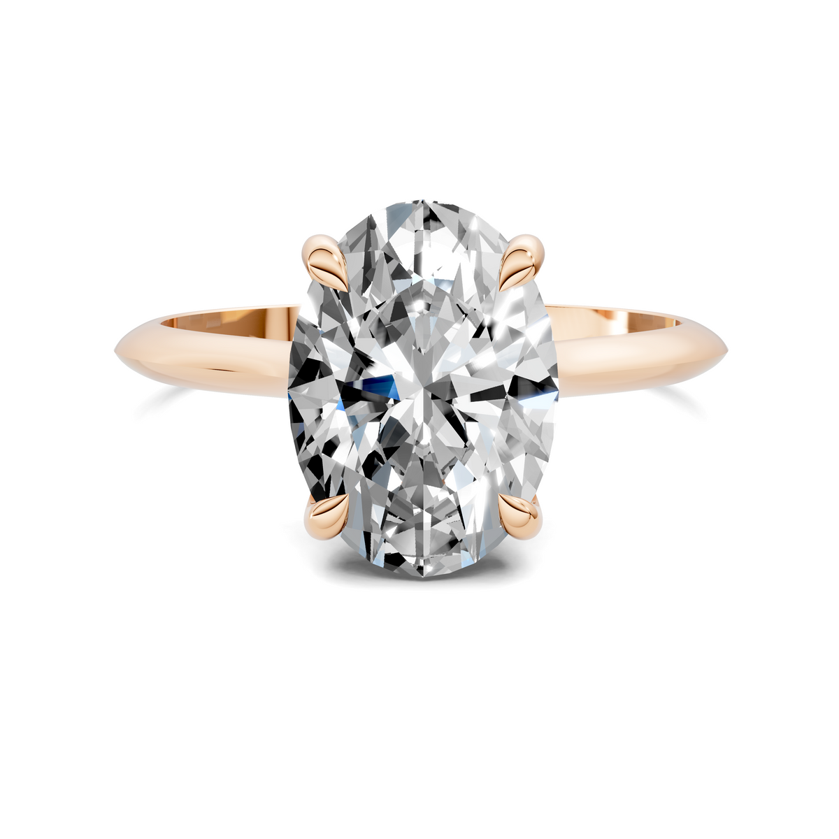 Rose gold solitaire ring with large oval-cut diamond, four-prong setting