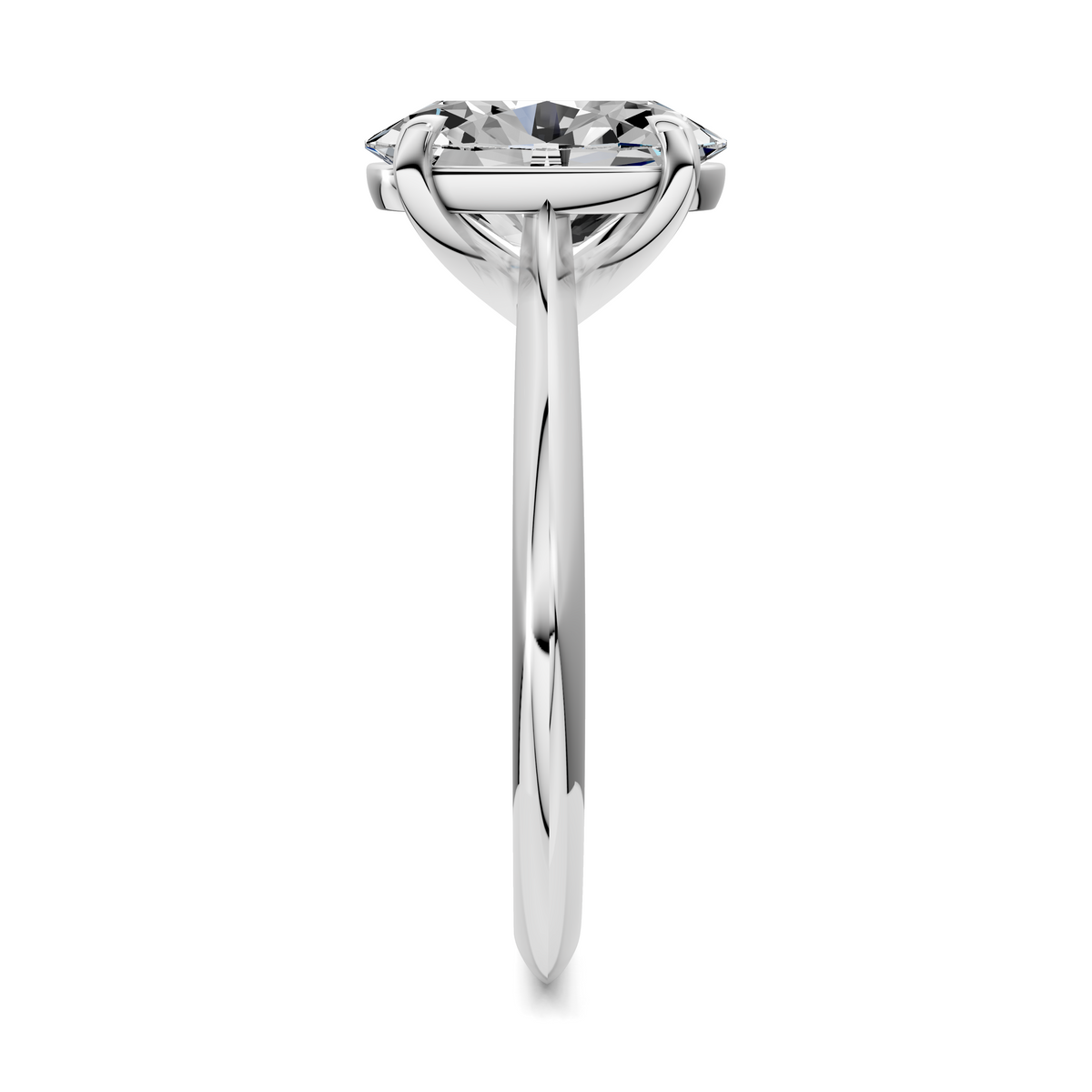 White gold solitaire ring with round center diamond and tall slim prong band