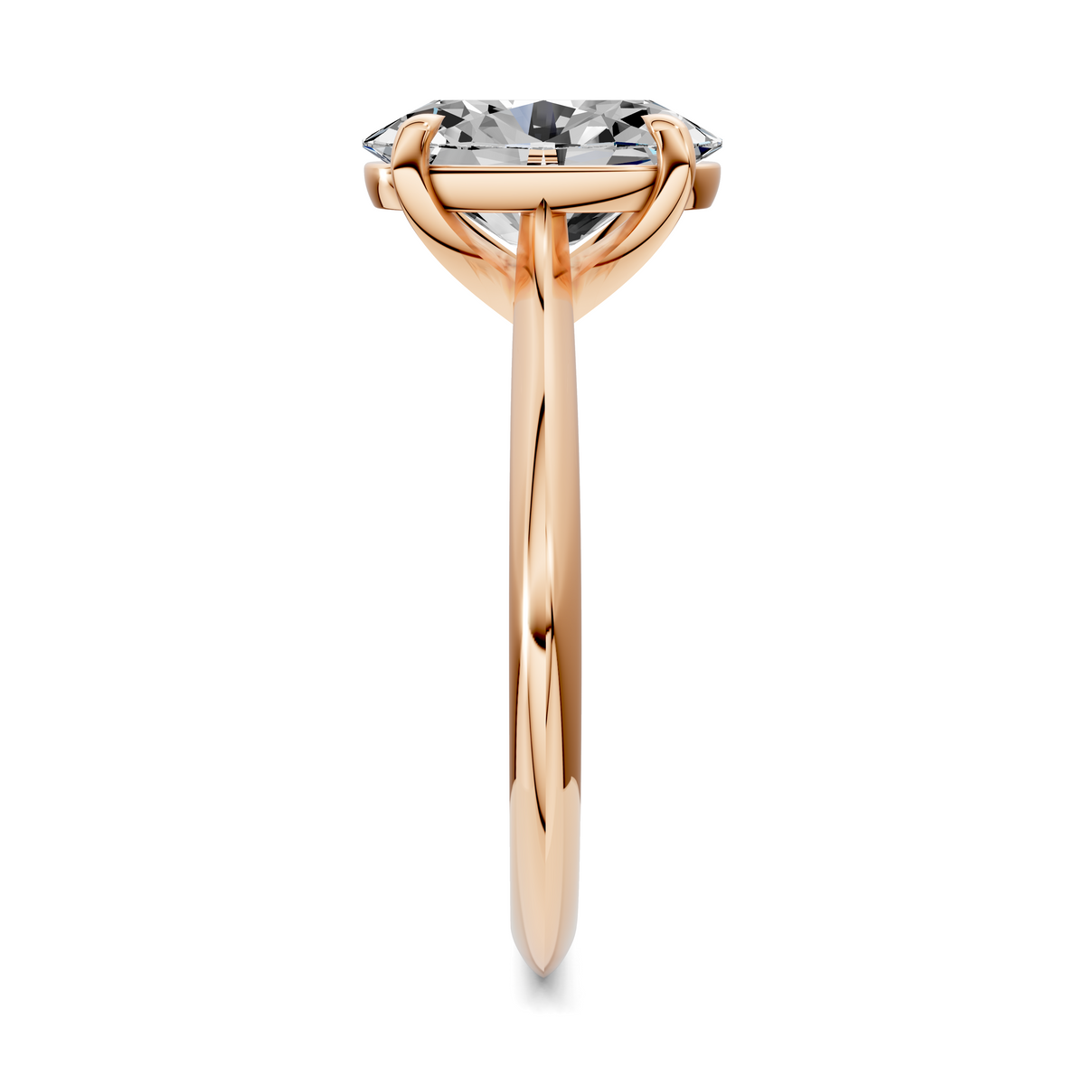 Rose gold solitaire engagement ring with oval-cut diamond, prong and band view