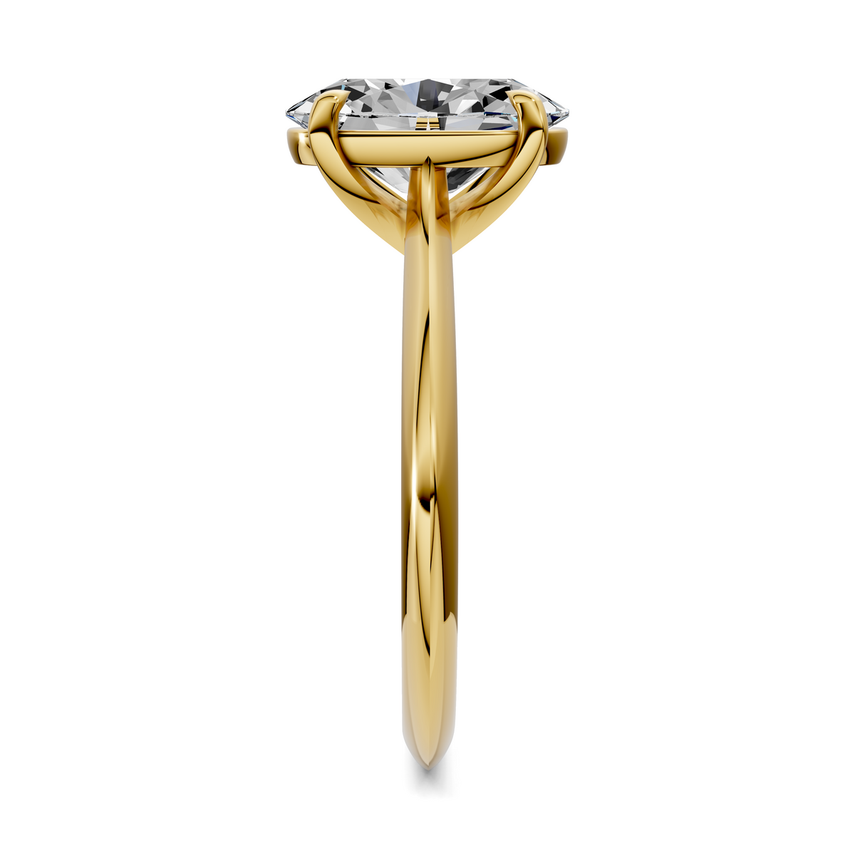 Yellow gold solitaire engagement ring with oval-cut diamond, prong and band view