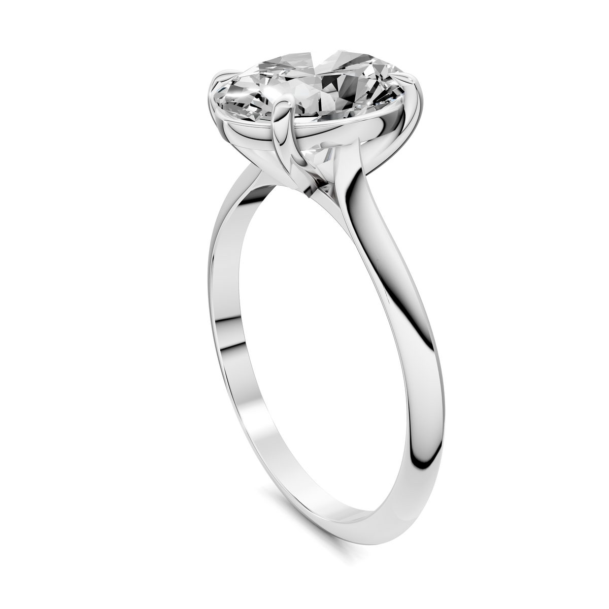 White gold solitaire ring with oval-cut diamond from side view, four-prong setting