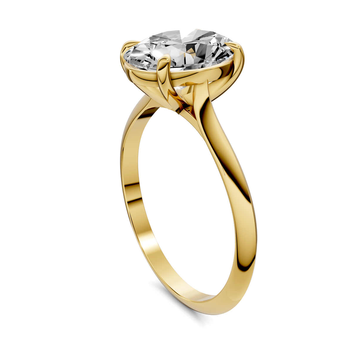 Yellow gold solitaire ring with oval-cut diamond, side profile, four-prong setting