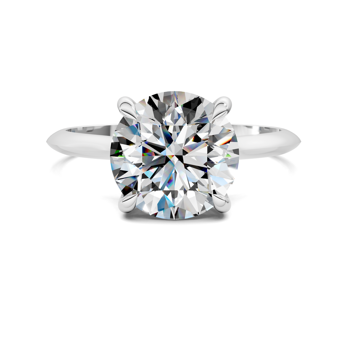 White gold solitaire ring with round diamond center and four side prongs