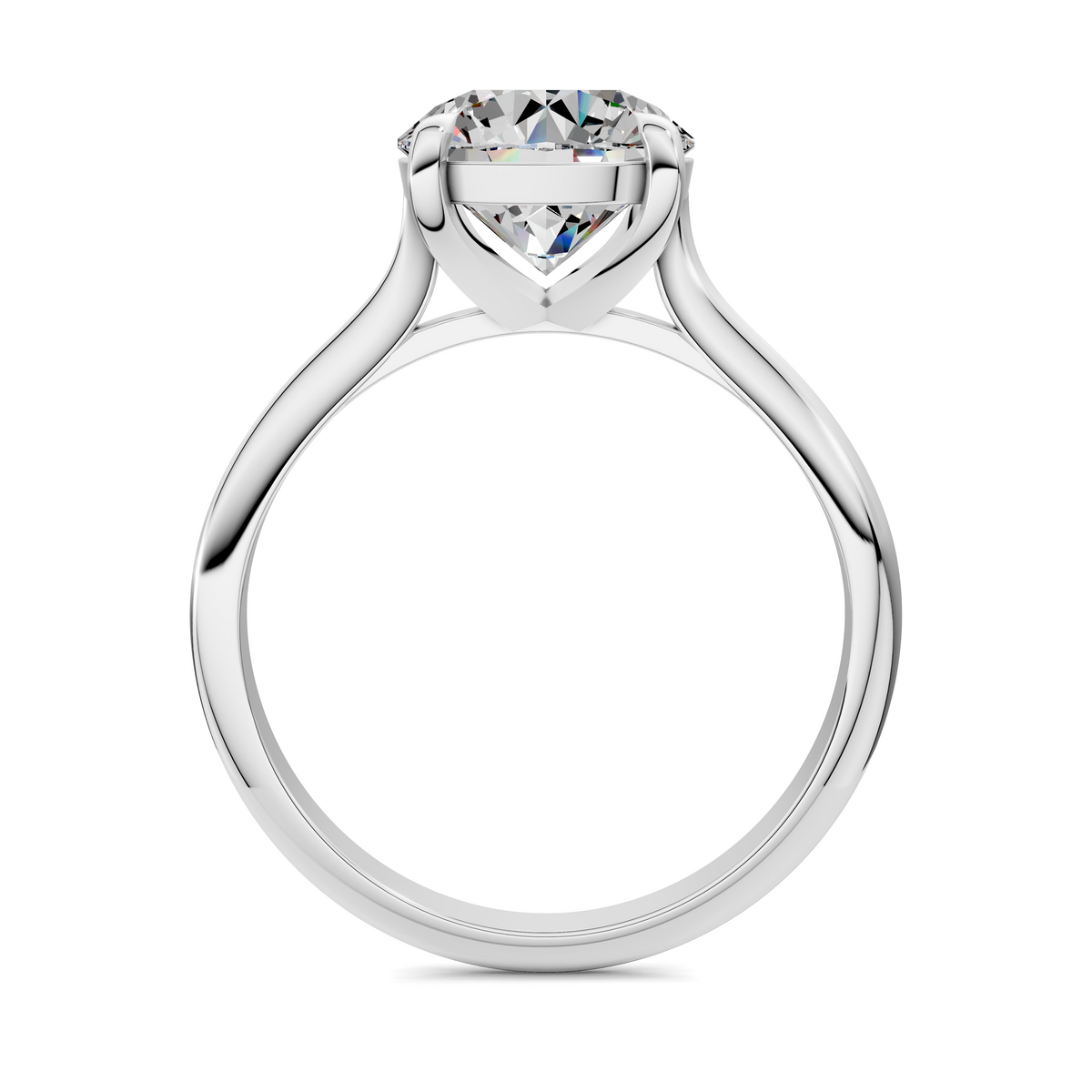 White gold solitaire ring with round diamond center, close top view