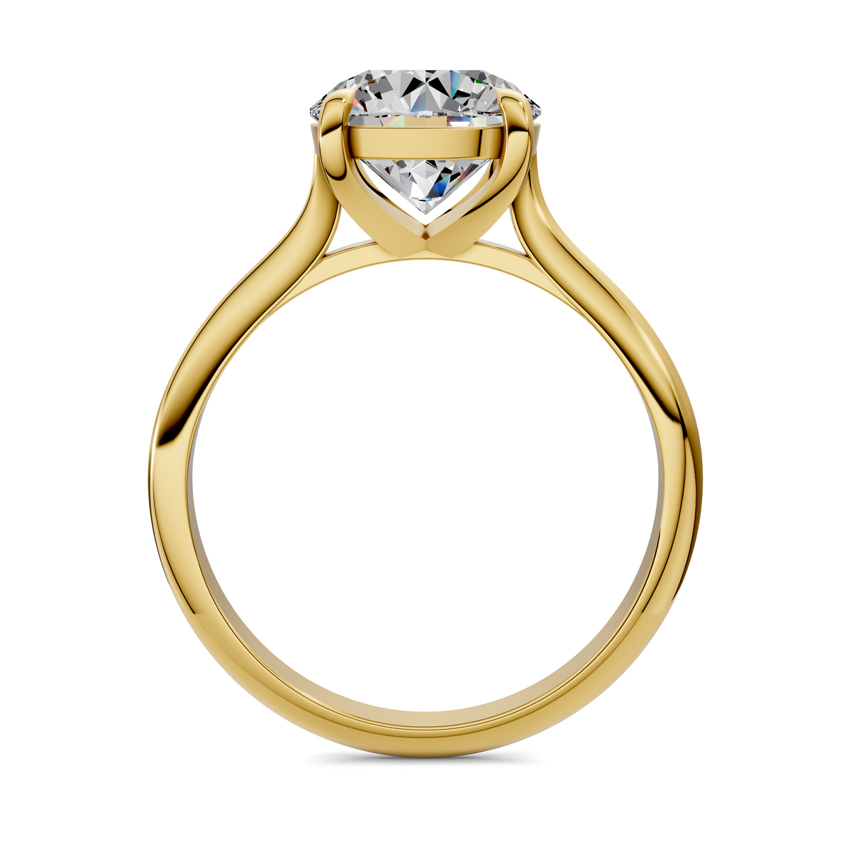 Yellow gold solitaire ring with round diamond center and four claw prongs