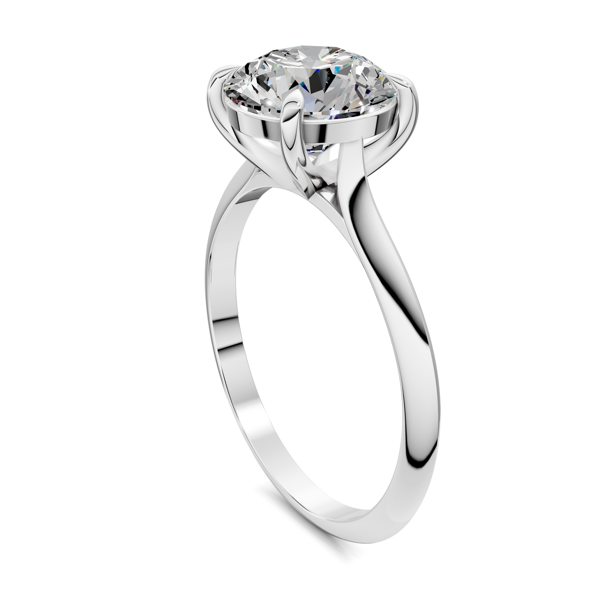 White gold solitaire ring with round diamond in four-prong claw setting