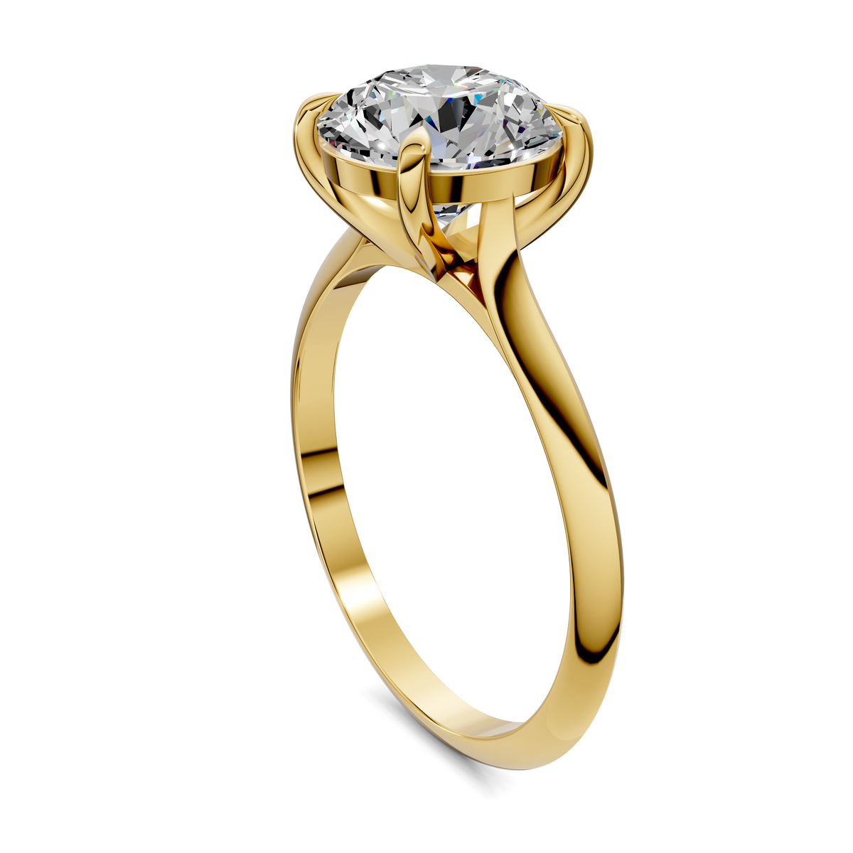 Yellow gold solitaire ring with round diamond in claw setting and slim band