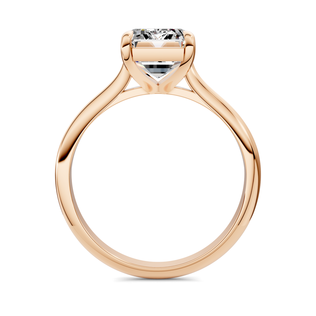 Rose gold solitaire ring with rectangular clear gemstone and split prongs