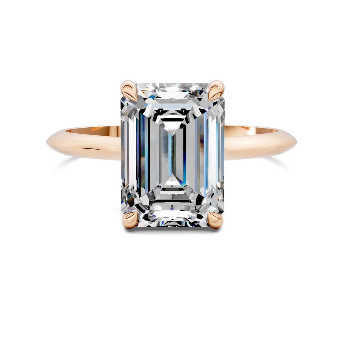 Rose gold solitaire ring with emerald-cut center stone and four corner prongs