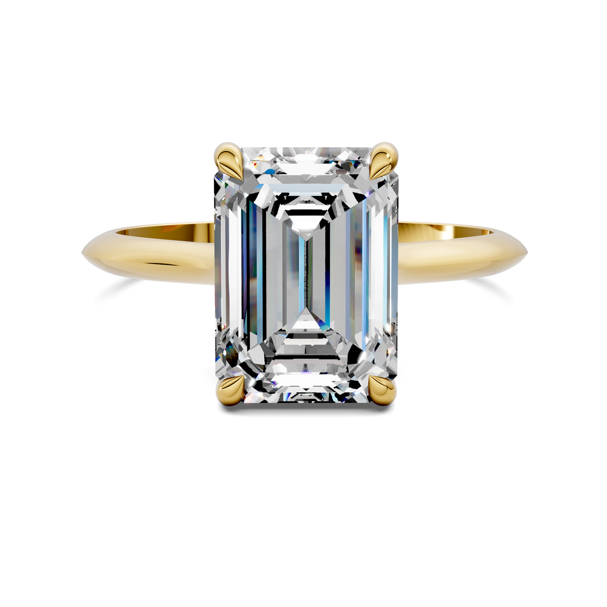 Yellow gold solitaire ring with emerald-cut center stone, four corner prongs