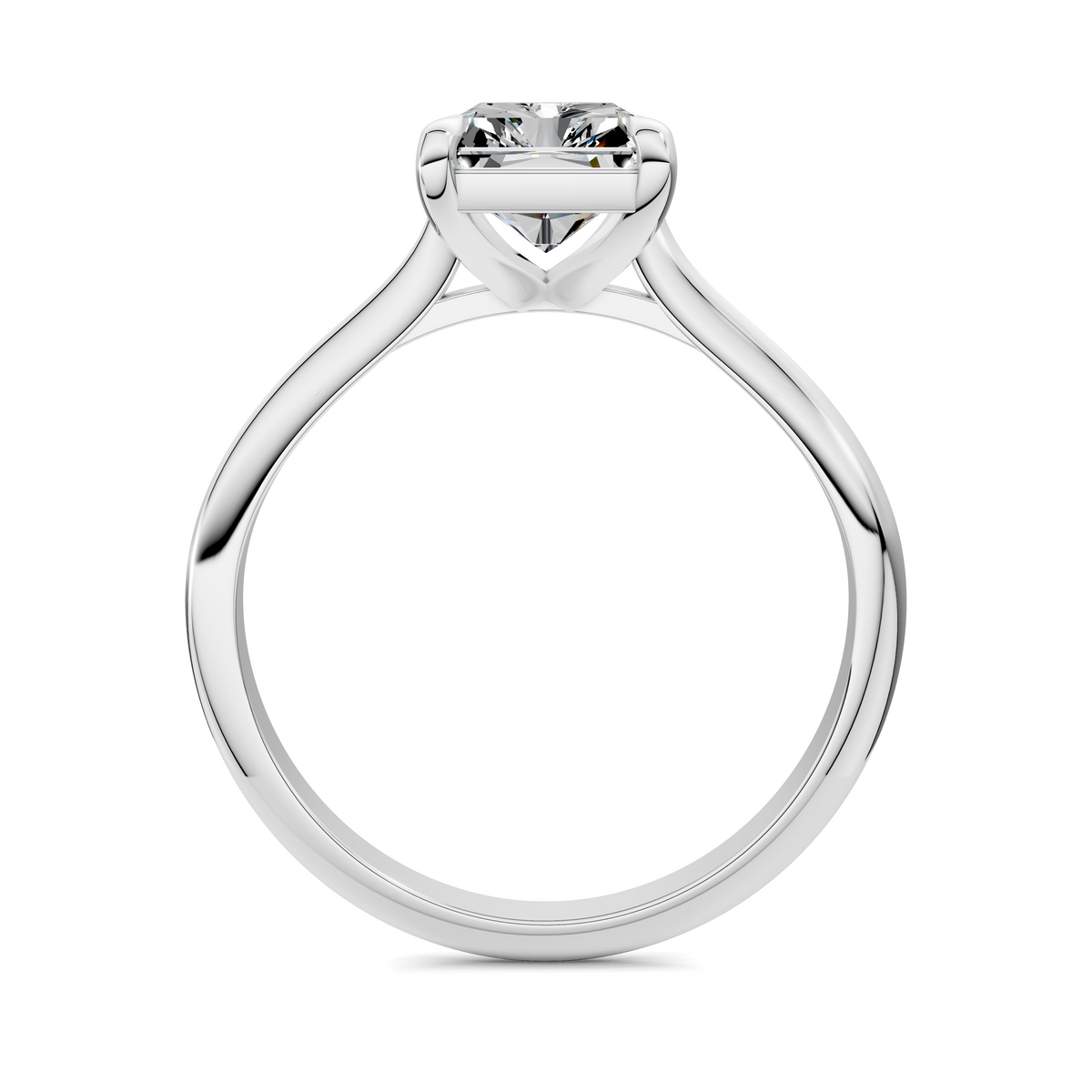 White gold solitaire ring with square diamond and four-prong head, front view
