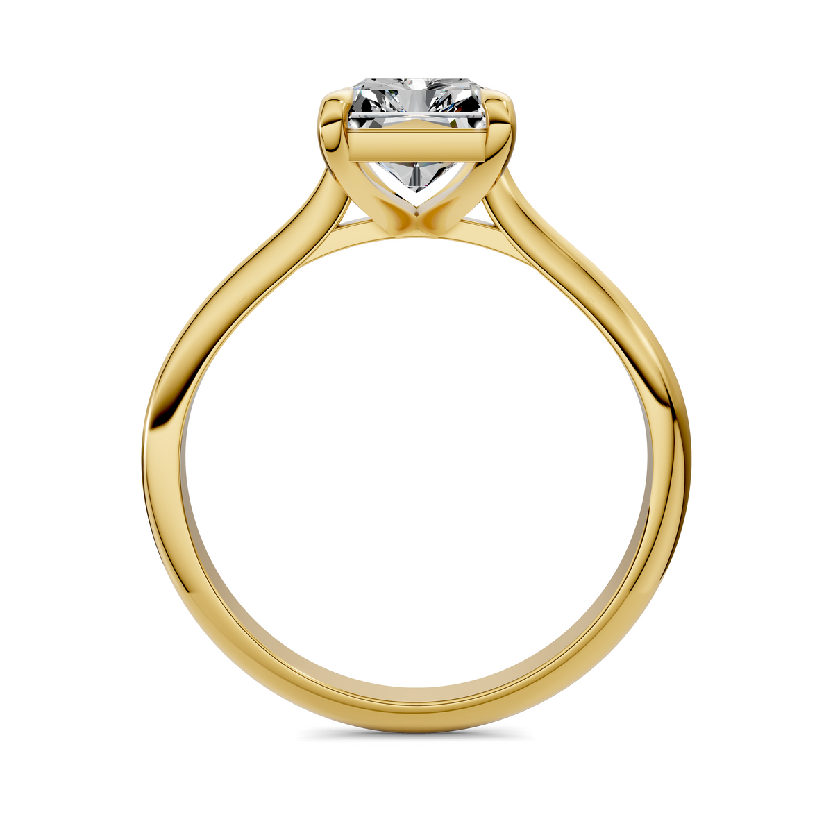 Yellow gold solitaire ring with square diamond in four prongs, front view