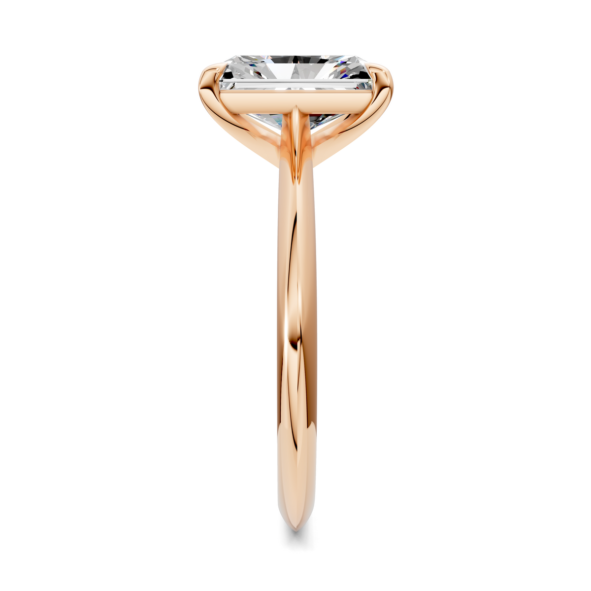 Opes solitaire ring in rose gold, side view of prong-set clear center stone