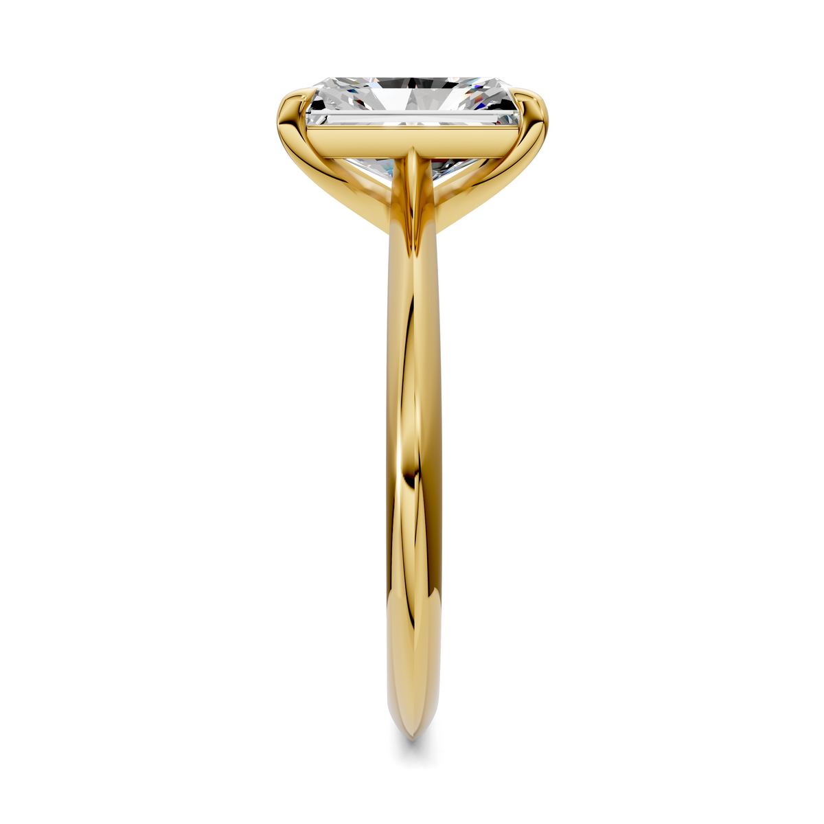Yellow gold solitaire ring with square-cut diamond top and slender shank