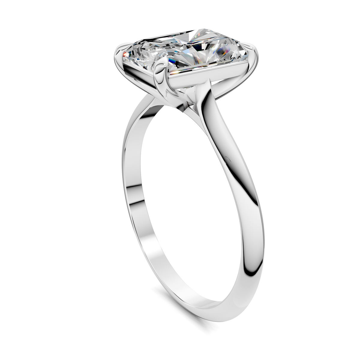 White gold solitaire ring, side view showing square diamond and open band
