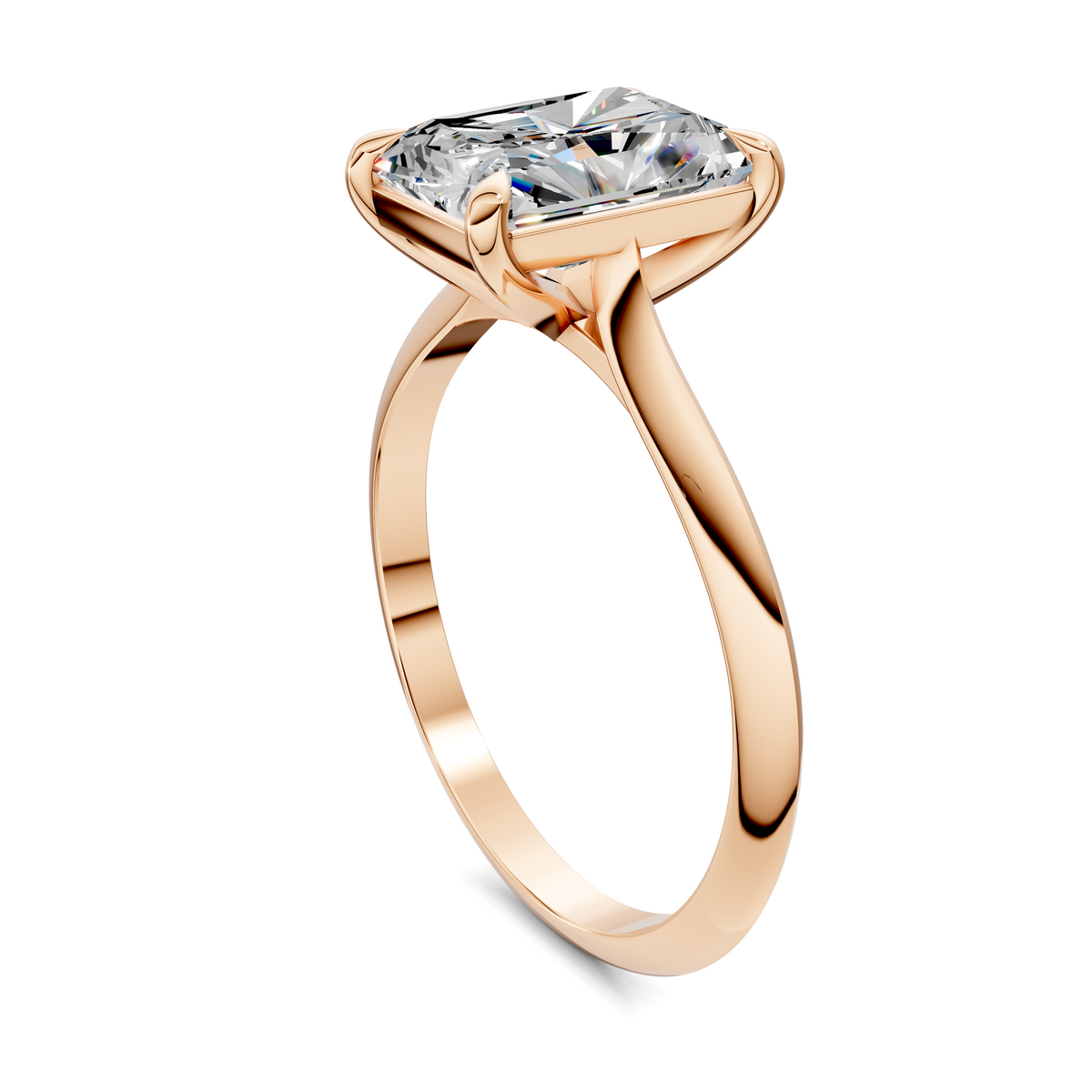 Rose gold solitaire ring, side view of square diamond and tapered band
