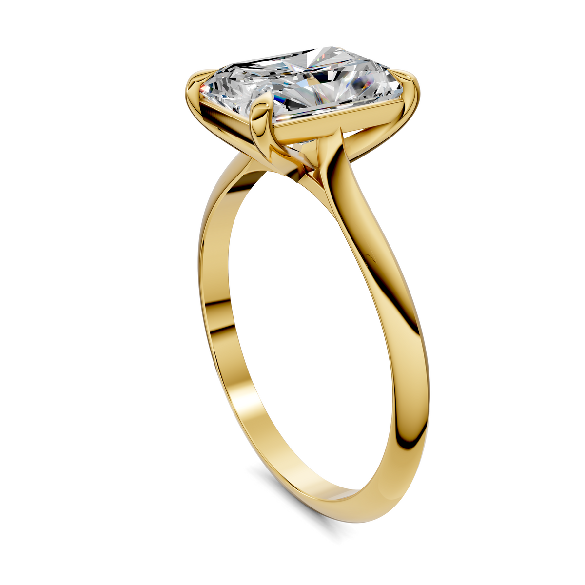 Yellow gold solitaire ring, side view of square diamond and tapered band