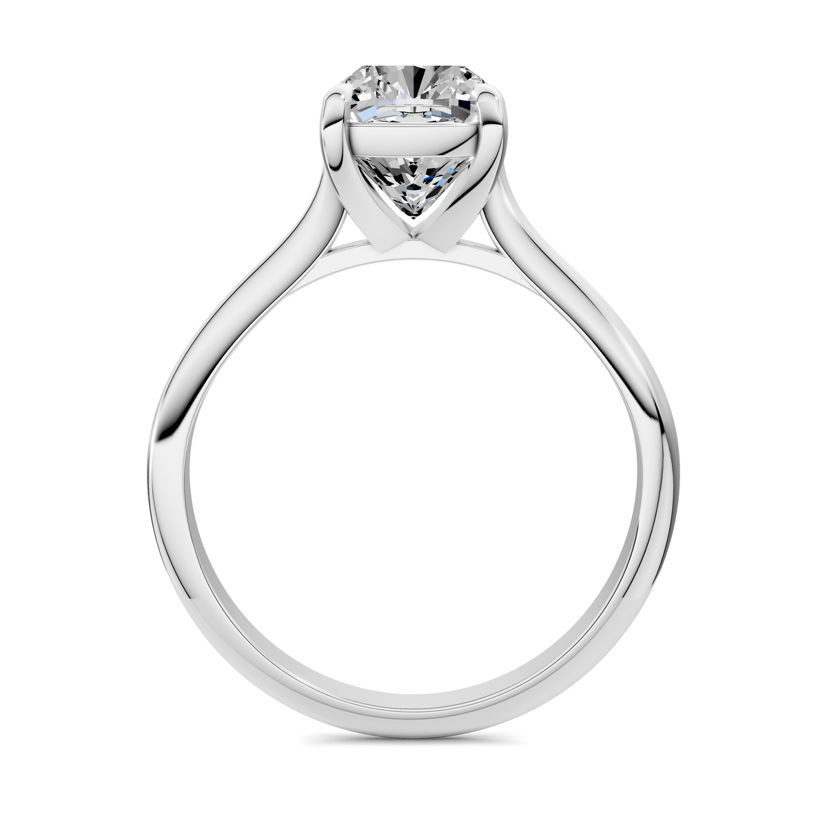 White gold solitaire ring underside view with round diamond in four prongs