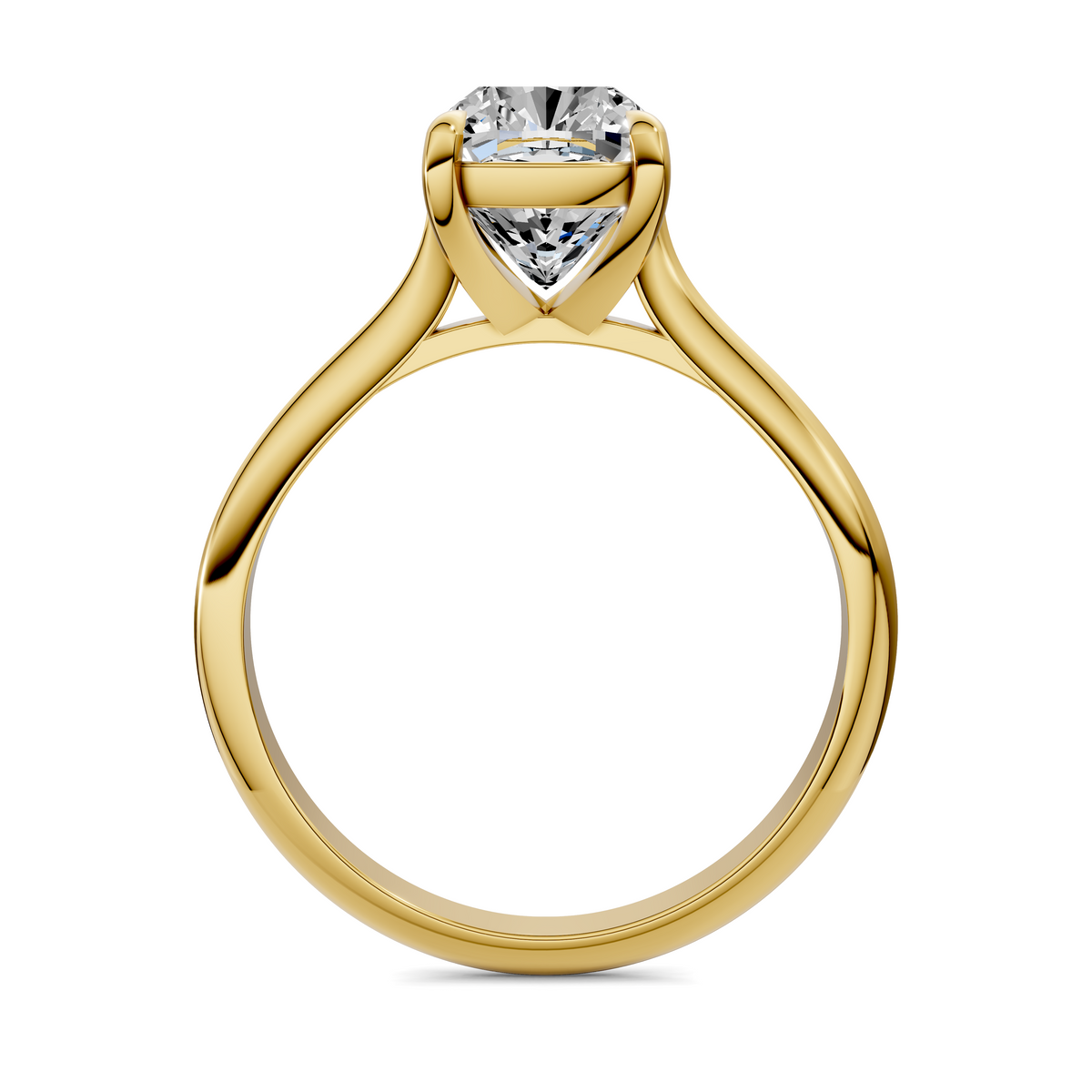 Yellow gold solitaire ring underside view with round diamond in prong setting