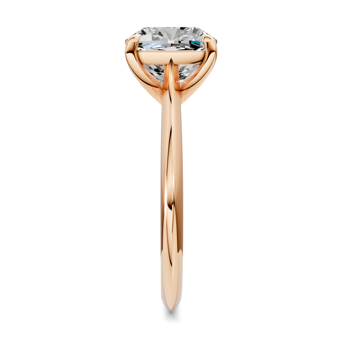 Opes solitaire ring in gold with round stone, tall bezel, and slender band side view