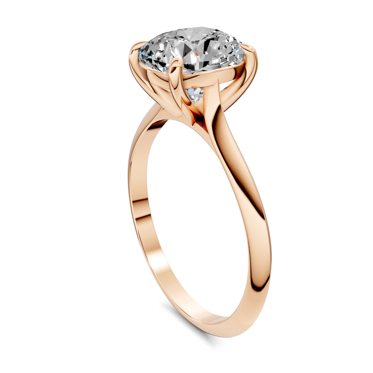 Rose gold solitaire engagement ring side view, round prong-set diamond