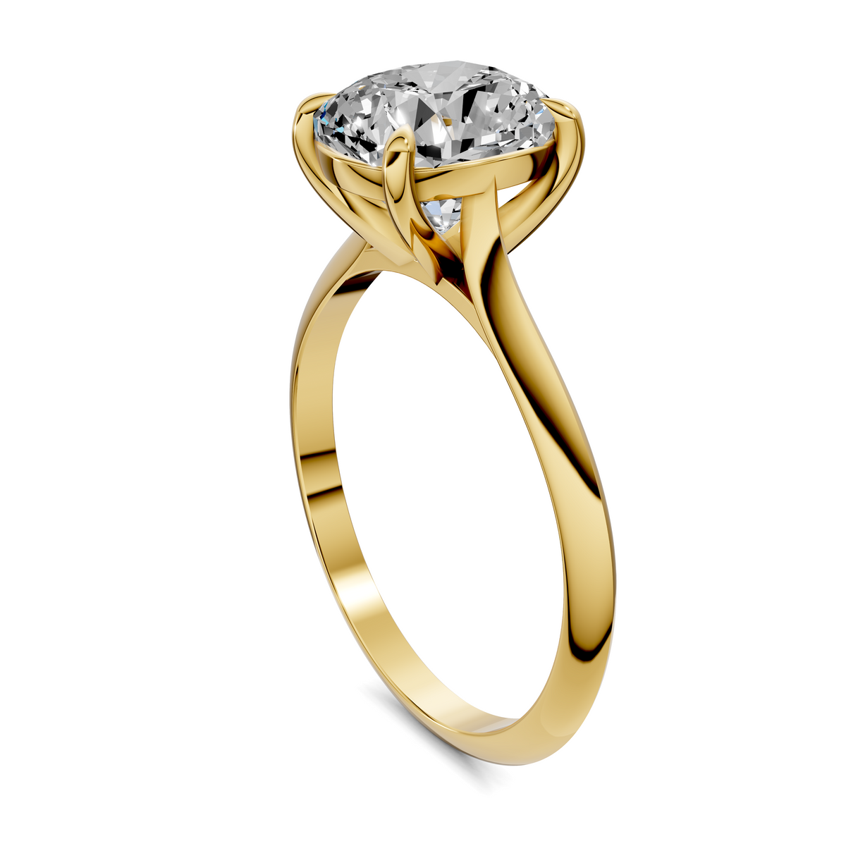 Yellow gold solitaire engagement ring side view with round prong-set diamond