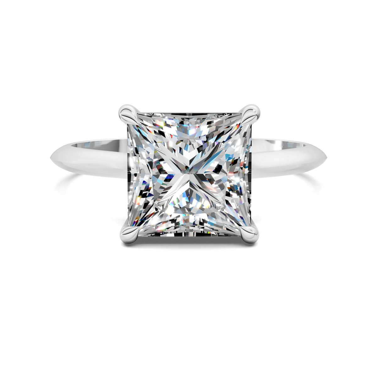 White gold solitaire ring with square-cut clear gemstone and four-prong setting