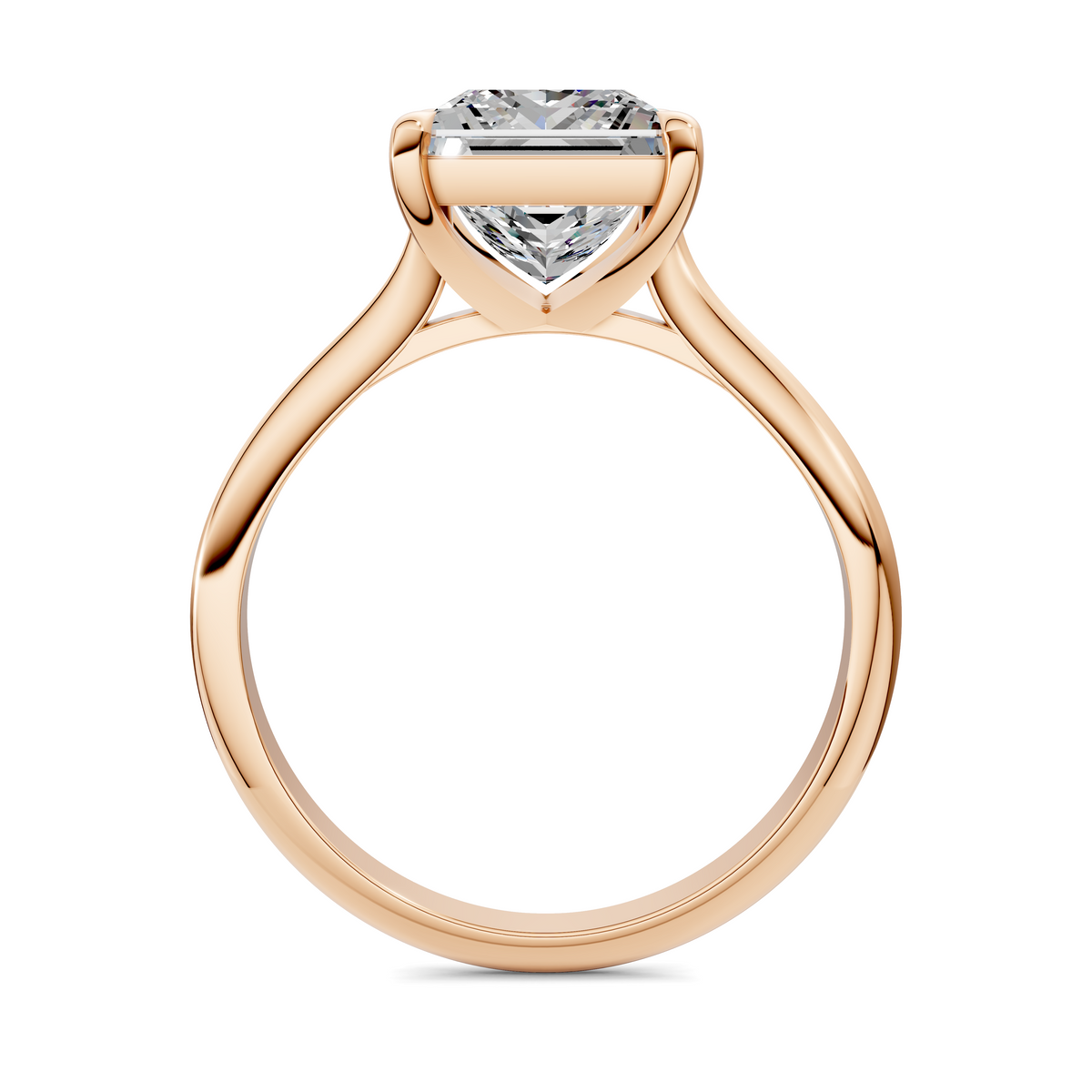 Rose gold solitaire ring with rectangular-cut clear center stone and split shoulders