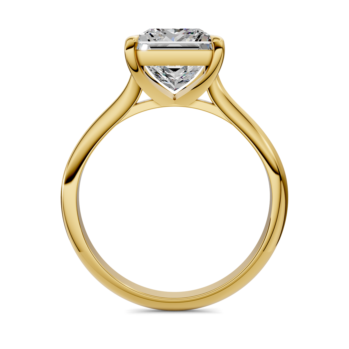 Yellow gold solitaire ring showing square-cut gemstone top view