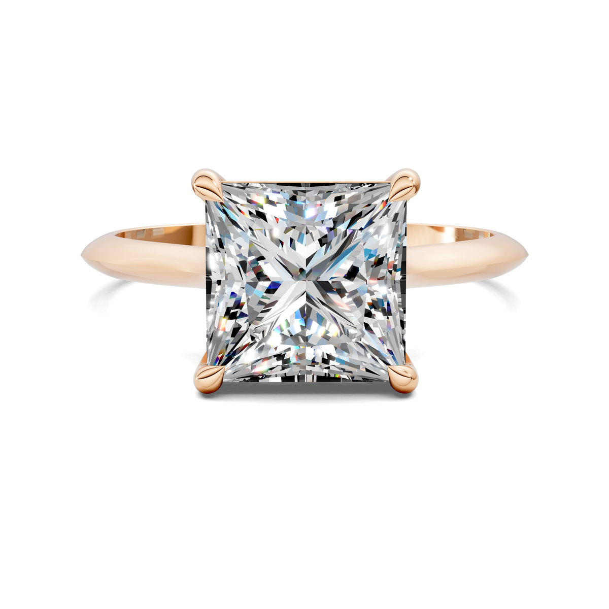 Rose gold solitaire ring with square-cut clear gemstone and four-prong setting