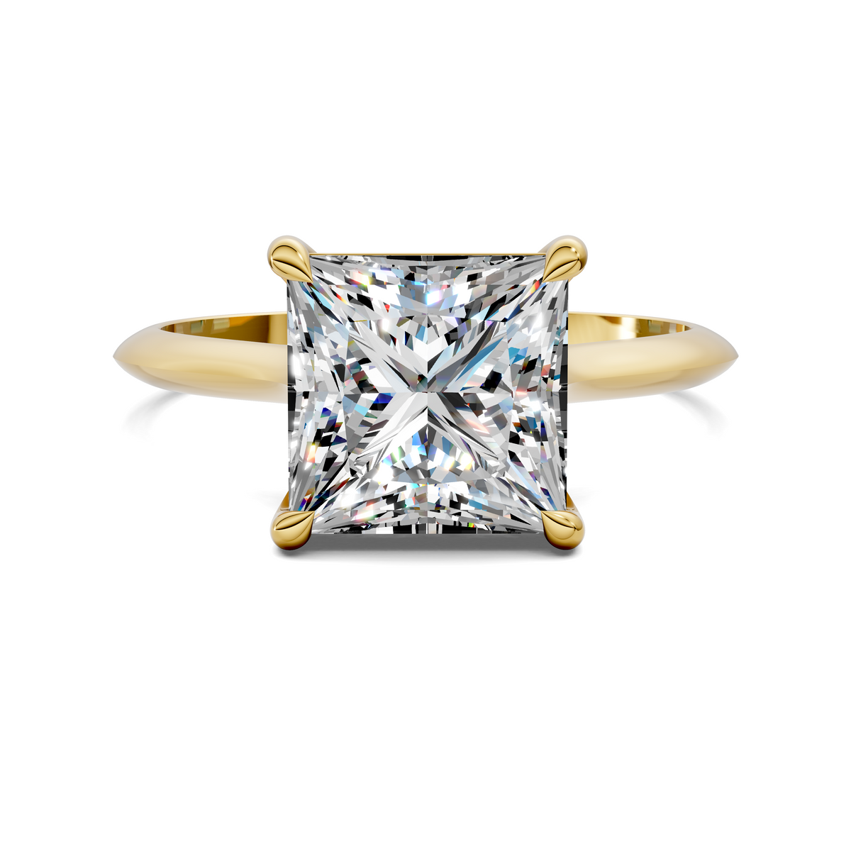 Yellow gold solitaire ring with square-cut clear gemstone and four-prong setting