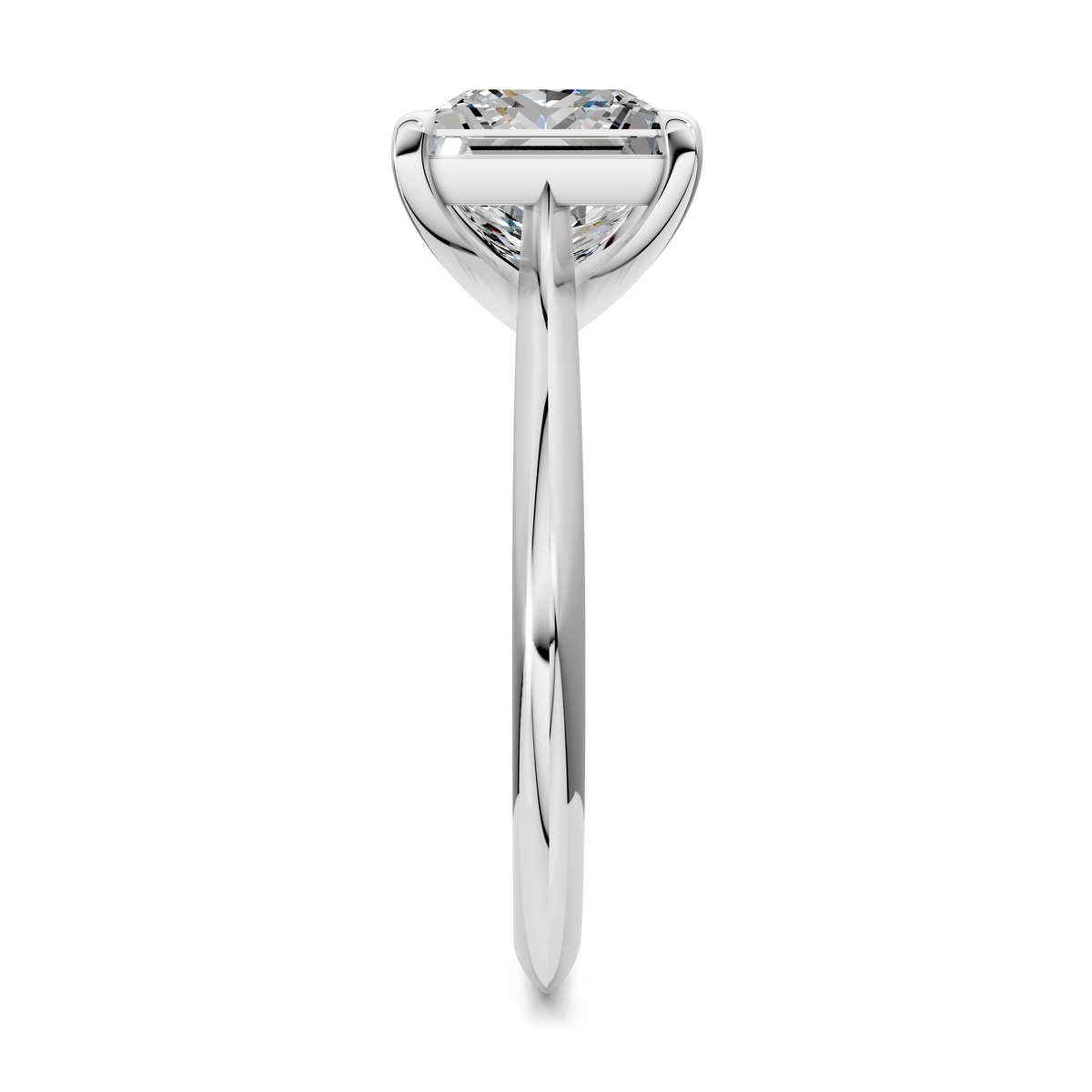 White gold solitaire ring side profile with square-cut gemstone