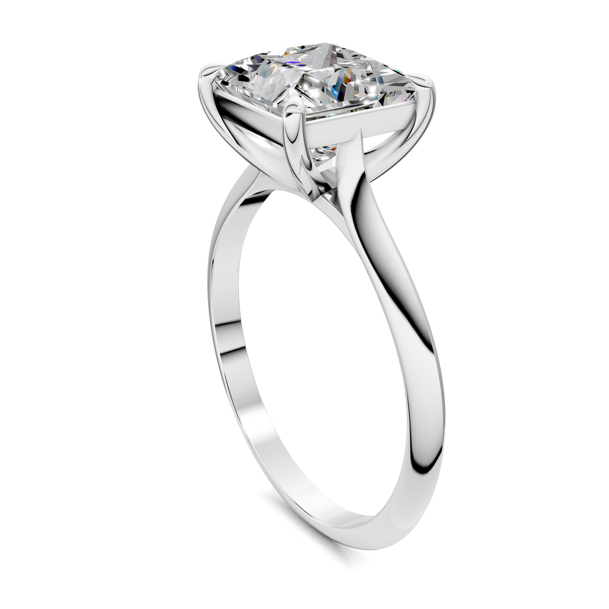 White gold solitaire ring with square-cut gemstone and four-prong basket