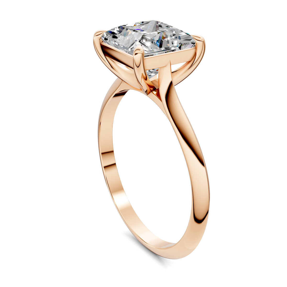 Rose gold solitaire ring with square-cut gemstone in four-prong bezel