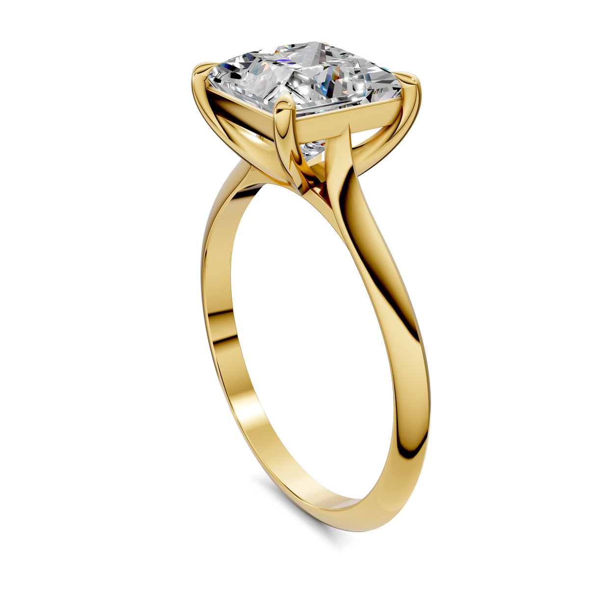 Yellow gold solitaire ring with square-cut gemstone in four-prong bezel