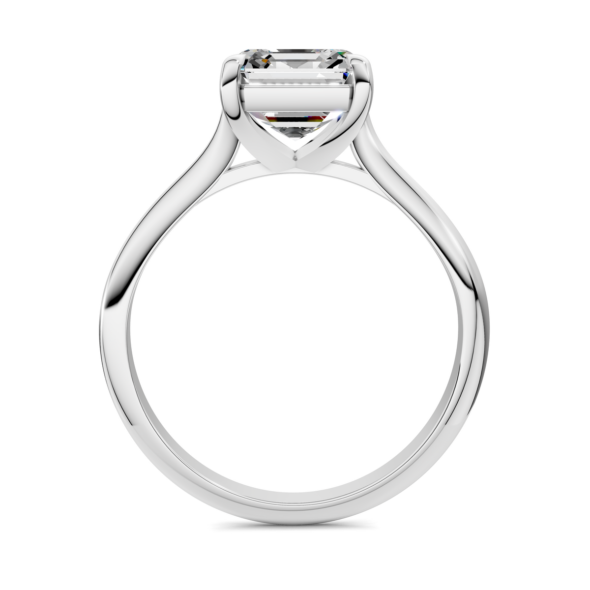Solitaire engagement ring with emerald-cut stone and open gallery, four-prong setting
