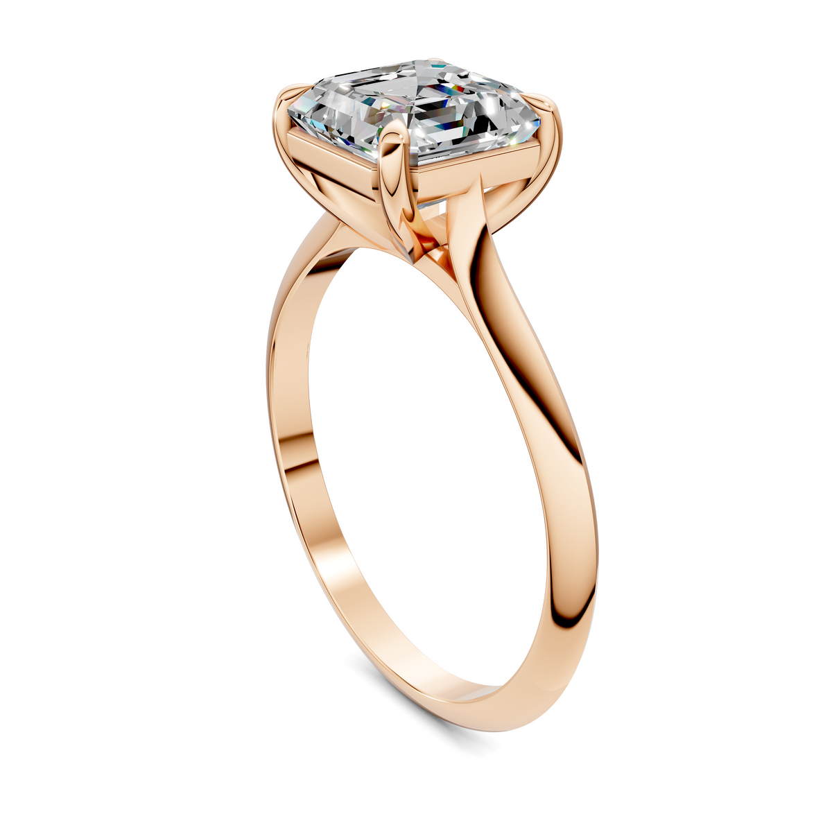 Rose gold solitaire engagement ring with emerald-cut stone and four-prong setting