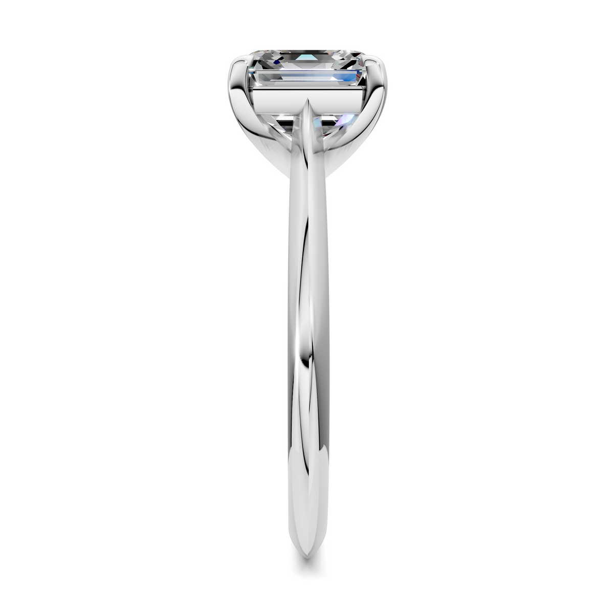 Solitaire ring profile with emerald-cut stone in four-prong bezel setting
