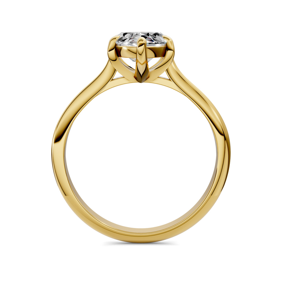 Yellow gold marquise solitaire ring with diamond, top prongs and band view