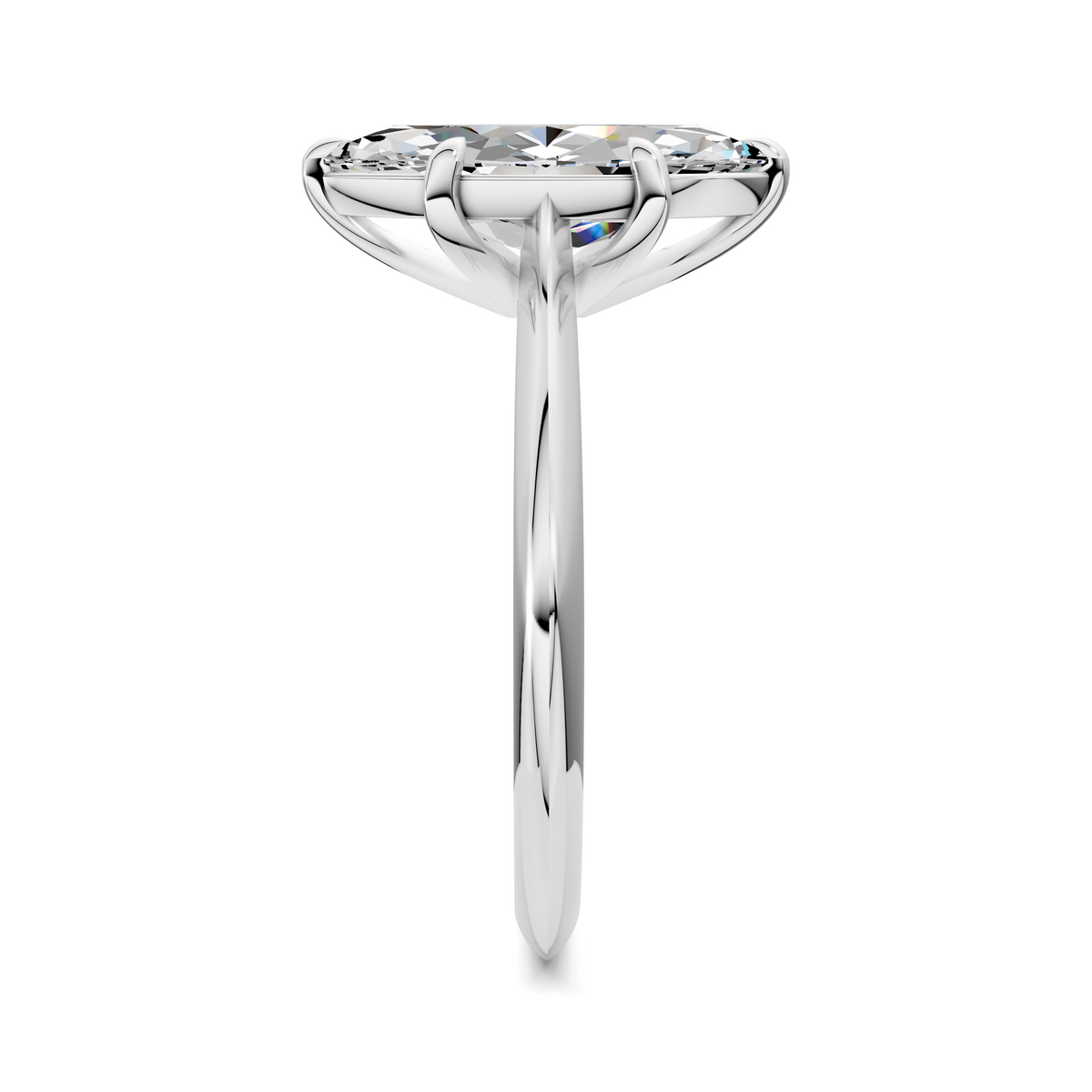 White gold marquise solitaire ring with diamond, band and four-prong head view
