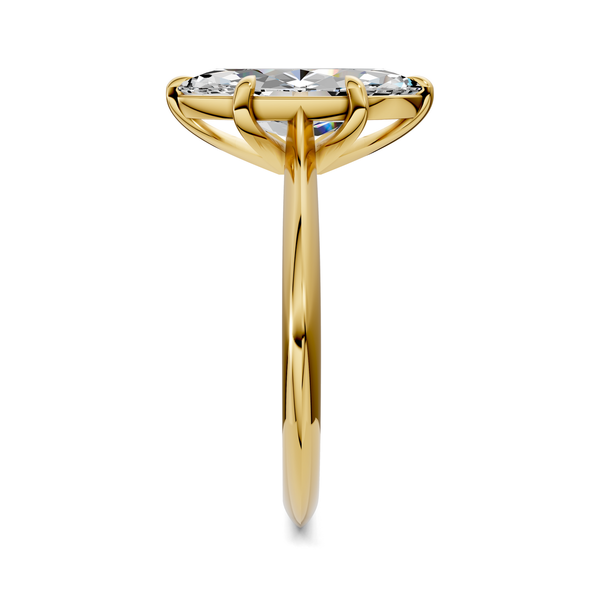 Yellow gold marquise solitaire ring with diamond, vertical side profile