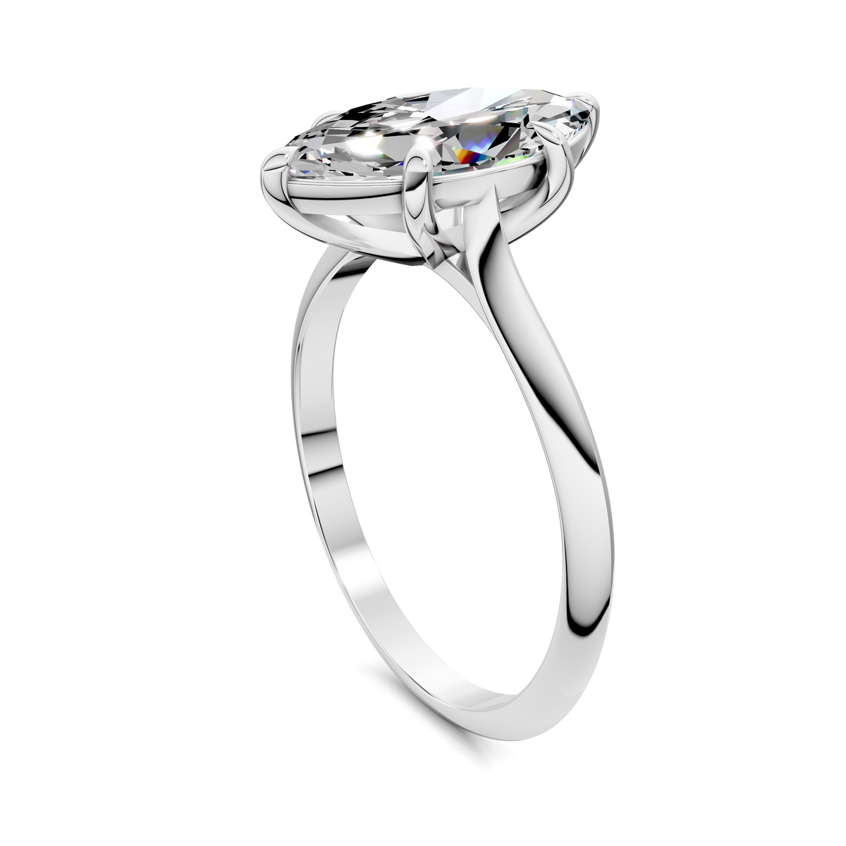 White gold marquise solitaire ring with diamond, four-prong side view
