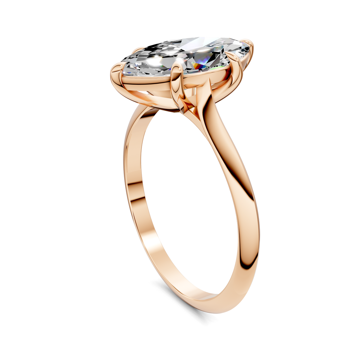 Rose gold marquise solitaire ring with diamond, four-prong side view