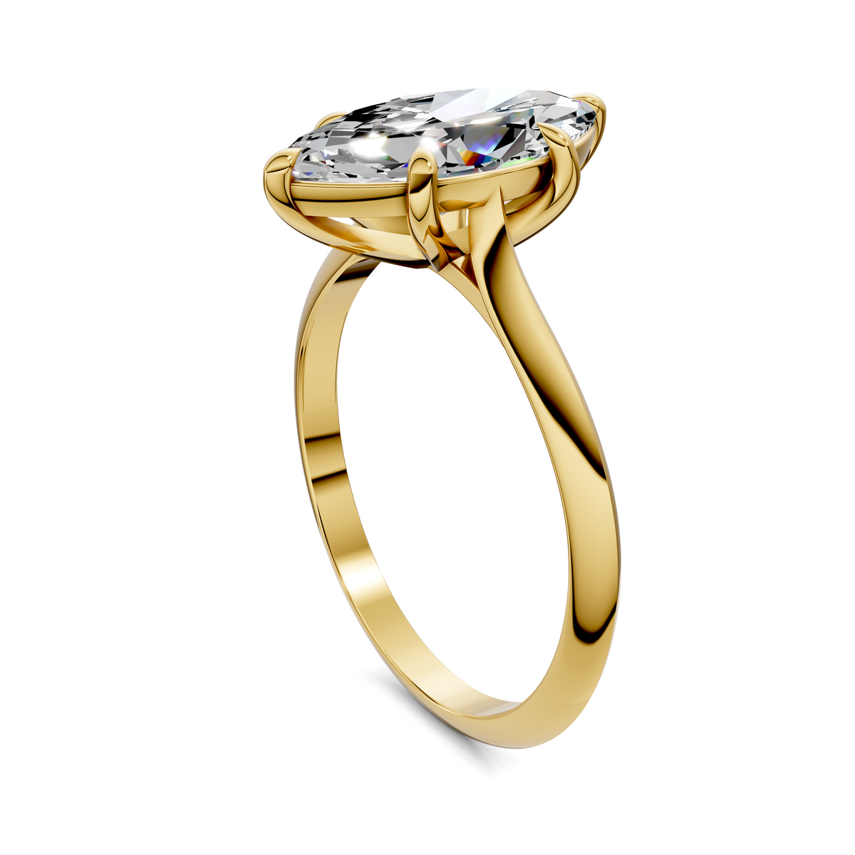Yellow gold marquise solitaire ring with diamond, four-prong side view
