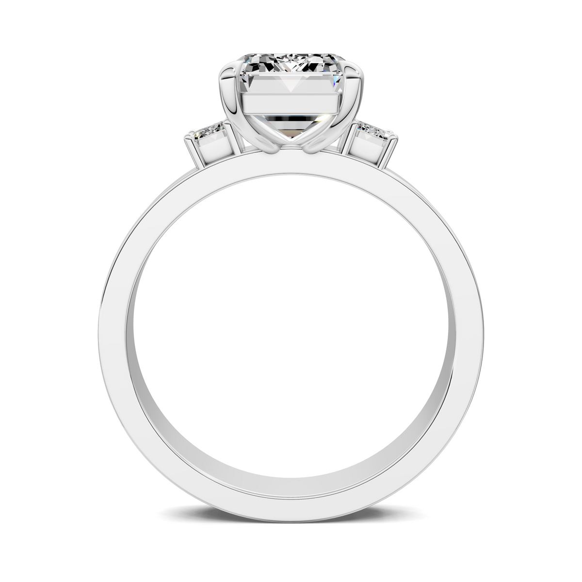 14K white gold three-stone ring top view with emerald-cut center stone and side stones